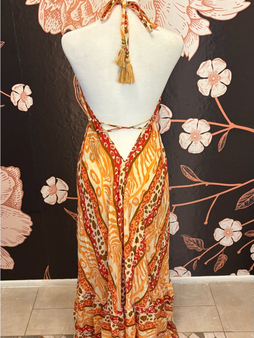 BEAUTIFUL Silk Halter Maxi Dress Open Back Orange Red Boho Resort Dress - Picture 8 of 9